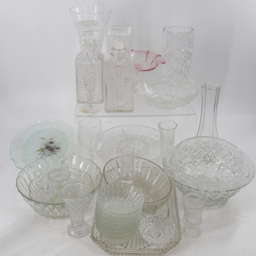 390 - Carton of assorted pressed and cut glass to include serving bowl, decanters etc