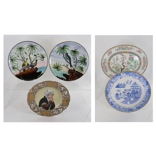 388 - A collection of painted antique and earlier platters, Mintons, Copeland Spode etc..