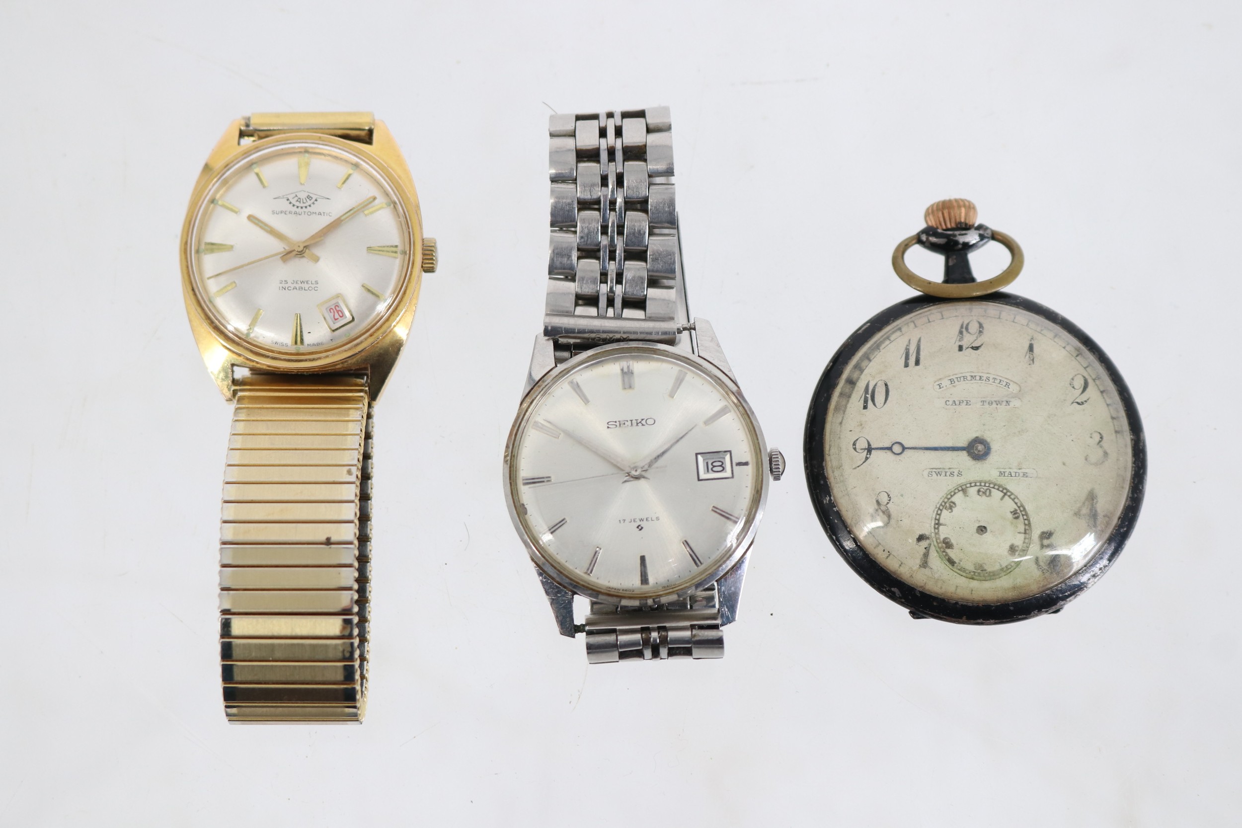 Superautomatic 25 Jewels incabloc wristwatch, Seiko 6602-1990 stainless  wristwatch and a E Burmester
