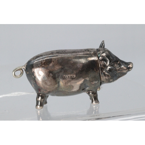 14 - Silver hallmarked pig vesta case with hinged head and striker to belly