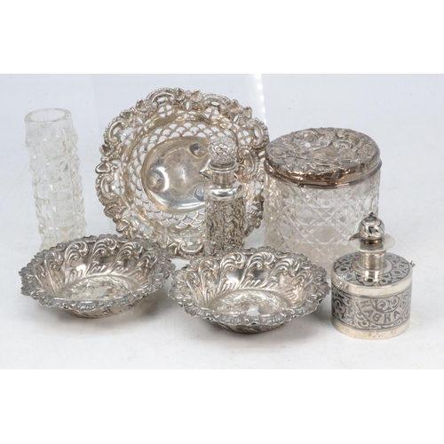 26 - Silver hallmarked pierced dish on three ball feet together with a pair of silver dishes, two silver ... 