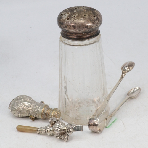 31 - Silver small babies rattle / whistle with mother of pearl handle together with a plated scent bottle... 