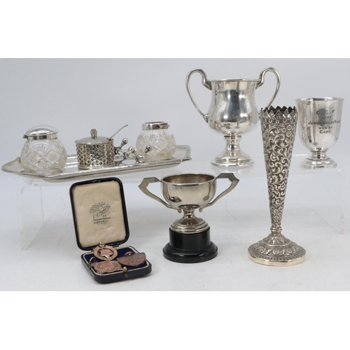 32 - Silver hallmarked 1930 2nd place trophy for Mile run together with sporting medals, WMF inkstand (mi... 