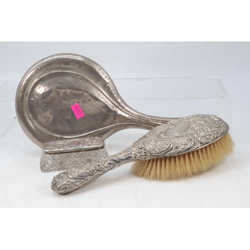 21 - Silver backed hairbrush, mirror and a silver topped vanity glass trinket pot.