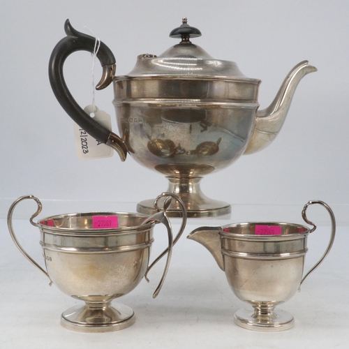 24A - 3 piece silver hallmarked tea set with wishbone sugar tongs approx 800g