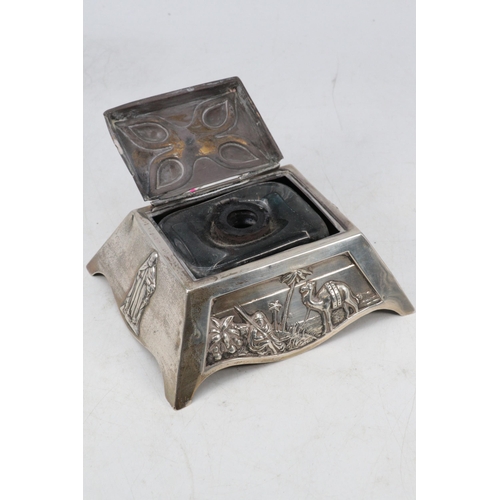 24B - Silver hallmarked ink stand with glass inkwell inside with embossed panels, Edward 7th, Eastern scen... 