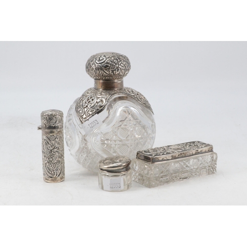 30 - Silver and glass scent bottle with stopper, silver topped vanity pot together with a white metal sce... 