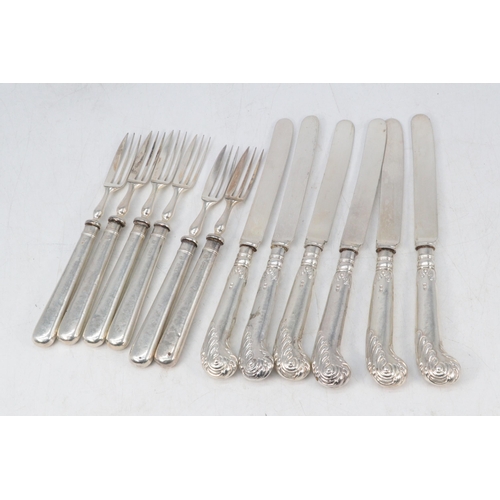 30A - Six silver handled pistol grip knives together with six silver handled dessert forks