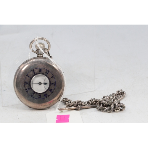 30C - Silver cased half hunter pocket watch and chain Winegartens 145 Bishops Gate, London