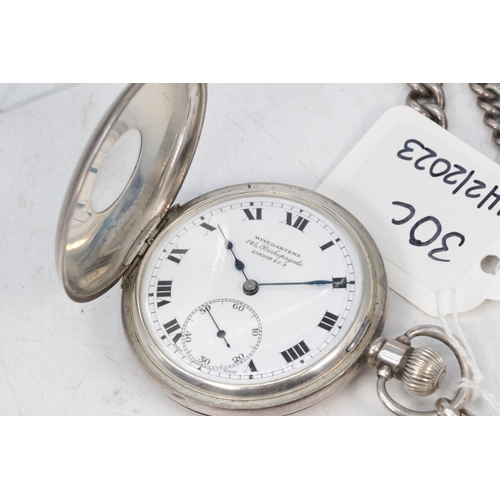 30C - Silver cased half hunter pocket watch and chain Winegartens 145 Bishops Gate, London