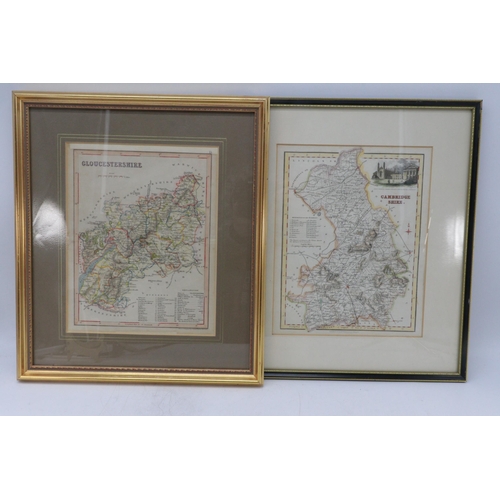 321 - Six framed antique and later maps to include Ipswich to Norwich, Cambridgeshire, Dorsetshire, Worces... 