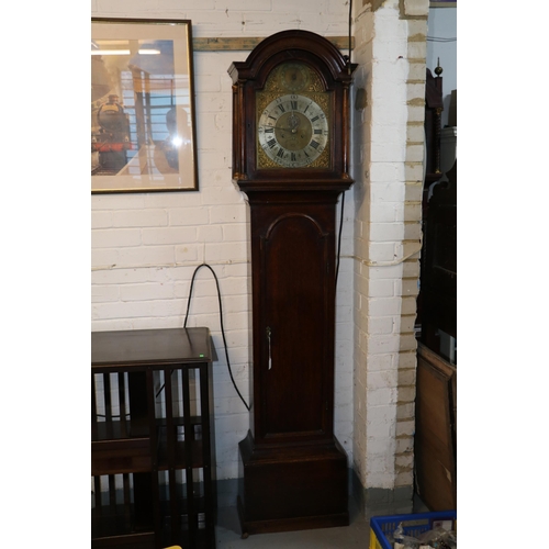 433 - 18c longcase clock with domed hood. Brass arched dial with date arch and subsidiary. Named Giles Tho... 