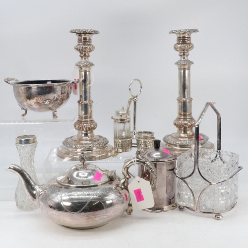 237A - Pair of telescopic silver plated candlesticks together with a selection of plated items, teapot, jam... 