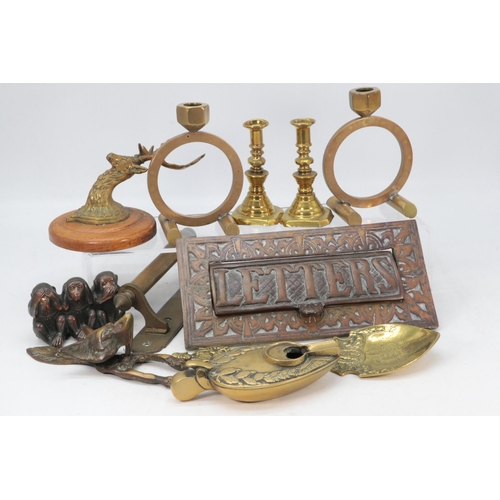 311 - Coal skuttle containing various metal wares including Art Deco candlesticks, Brass letter box and ot... 