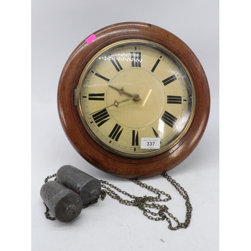 337 - Antique circular wall clock with pendulum and weights