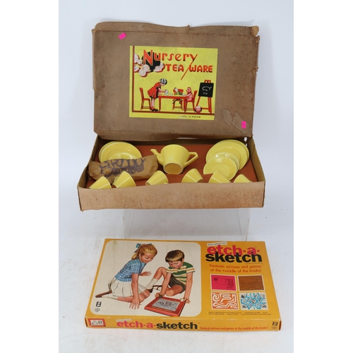 66 - Vintage child's tea set in original box (1 plate broken but present), together with Etch a Sketch, M... 