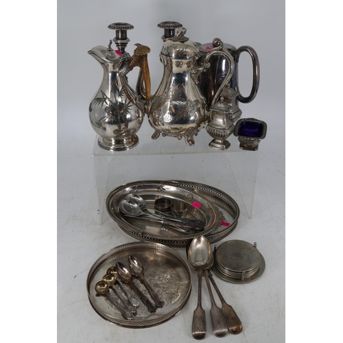 71 - Antique horn handled plated jug together with a coffee pot, plated candlesticks and other plated ite... 