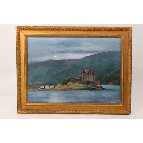 226 - Painting of Eilean Donan castle in moonlight (unknown artist) together with two frames of postcard i... 