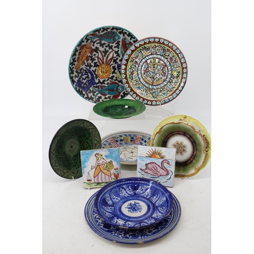 319 - Selection of Majolica and other ceramics and two tiles