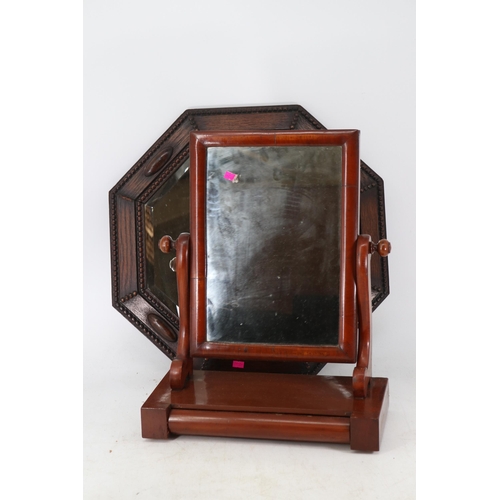 350 - Mahogany toilet mirror, lap desk, bevelled edged mirror and a oak framed mirror. (4)