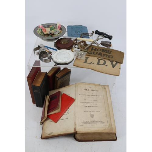 364 - Antique books, tape measure together with stamps and other collectables.