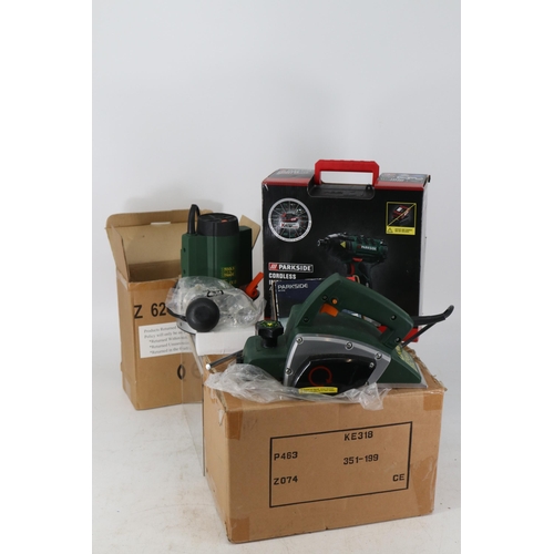 371 - Boxed tools to include Tools and Trade router, J M B planer, Parkside cordless impact driver and a P... 