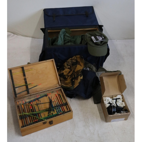 373 - Camping seat with various hats and coats, fishing reel together with a wooden tackle box with floats... 