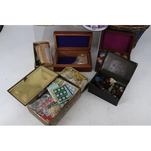 418 - Vintage first Aid tin together with other tins, some with buttons inside, wooden carved box, wicker ... 