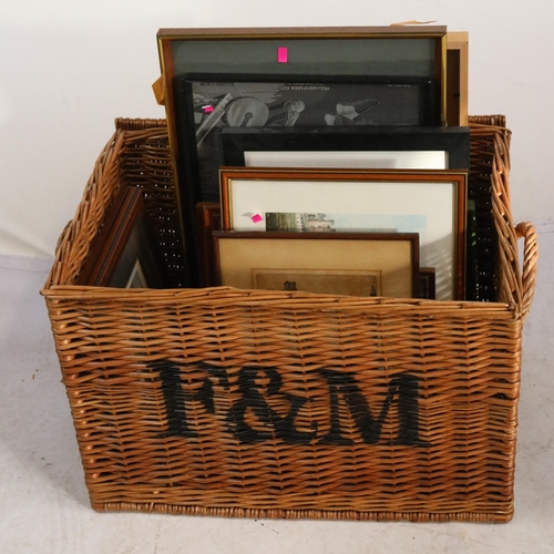 493 - A large Fortnum and Mason hamper with a selection of assorted pictures and prints inside (inspect)