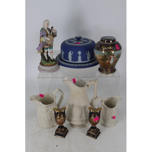 501 - Victorian ceramic Jugs, Wedgwood blue jasper ware cheese dish, Vienna porcelain vase and two similar... 