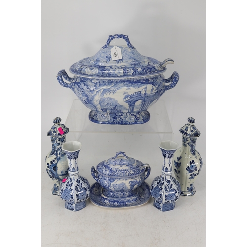 345 - Large Blue and white ceramic tuereen, lid and ladel with repair to the handle together with a smalle... 