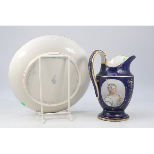 159 - Antique porcelain sevres jug and plate, with names portraits to both.