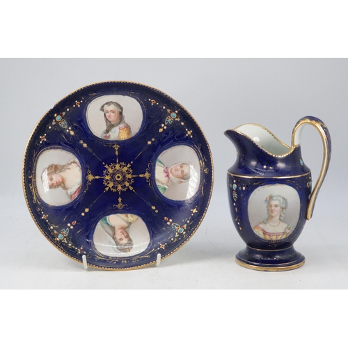 159 - Antique porcelain sevres jug and plate, with names portraits to both.