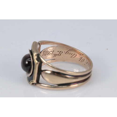 167 - Antique mourning ring on unmarked gold, enamelled, engraved Our Mother 6th August 1908 TBR 12th Octo... 