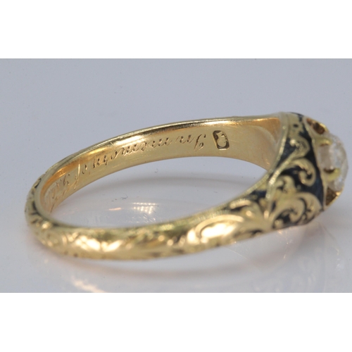 171 - Antique unmarked gold mourning ring set with single solitaire diamond with enamelling, engraved In M... 