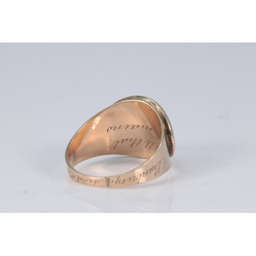 176 - Antique unmarked gold mourning ring with lock of hair to centre engraved on the outside 