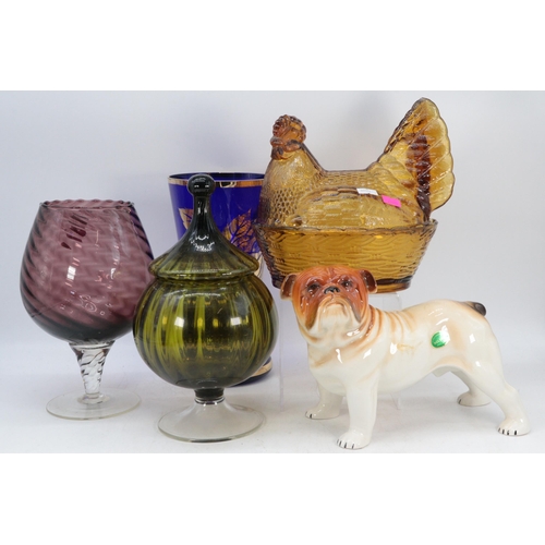 331 - Retro 1950s Cat ornament, Napoleon pottery bull dog, Two coloured vases, Glass chicken and a ceramic... 