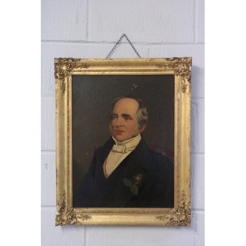 333 - Oilograph, of a 19c gentleman in gilt frame (damage to the picture as shown in images)