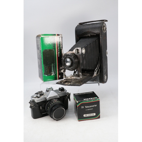 481 - Vintage Kodak plate camera together with a fujica SLR, teleconverter, and a Hanimex 80-200mm lens bo... 