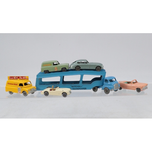 110 - Lesney Matchbox car transporter together with Ford Thames van with singer on the side, evening news ... 