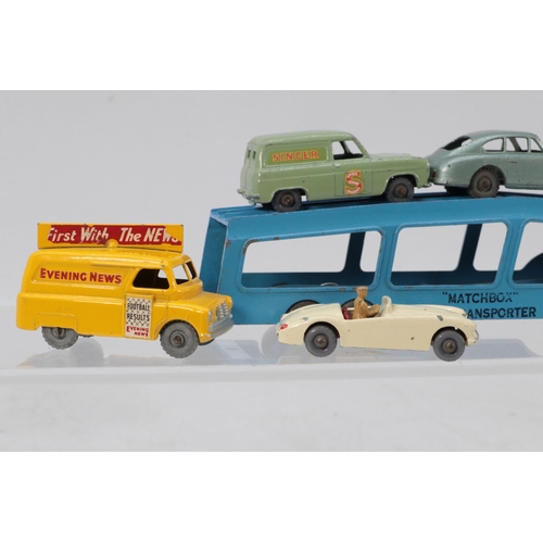 110 - Lesney Matchbox car transporter together with Ford Thames van with singer on the side, evening news ... 