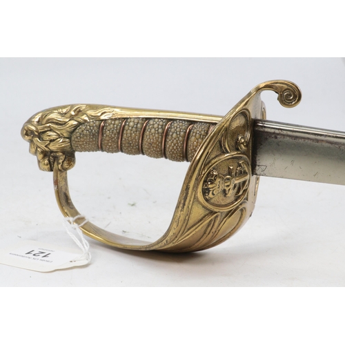 121 - Naval gilt handled ceremonial sword. Queen Victoria cypher