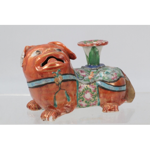 64 - Three Antique Chinese famille rose, a pair of Elephants and a Dog of Fo (examine, hairline to mouth ... 