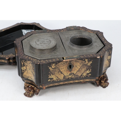 80 - 19c Oriental lacquered tea caddy with pewter caddies inside.