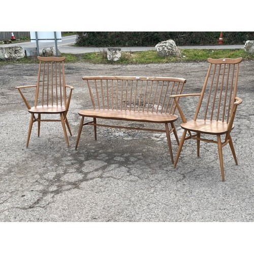 346 - Ercol lovers bench (approx. 108cm wide) showing fading and wear to spindles and backrest together wi... 