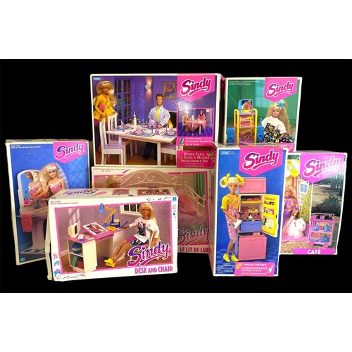 488 - A selection of boxed Sindy items to include Desk and Chair, Cafe, Vanity Set, Dining table and chair... 