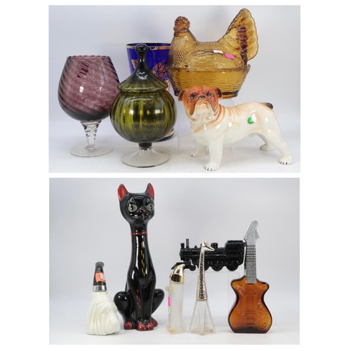 331 - Retro 1950s Cat ornament, Napoleon pottery bull dog, Two coloured vases, Glass chicken and a ceramic... 