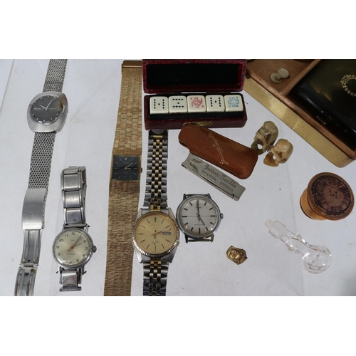 24 - Assortment of collectables and curios to include various watches, rolled gold monkey, treen powder p... 