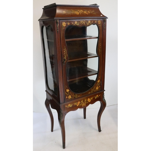 37 - 19th century French shaped and tray top china display cabinet, fruitwood frame with inlay of flowers... 