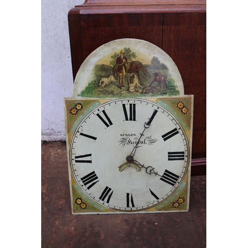 128 - Late 18th century 30 hour chain driven longcase clock with a oak and mahogany faced case with painte... 